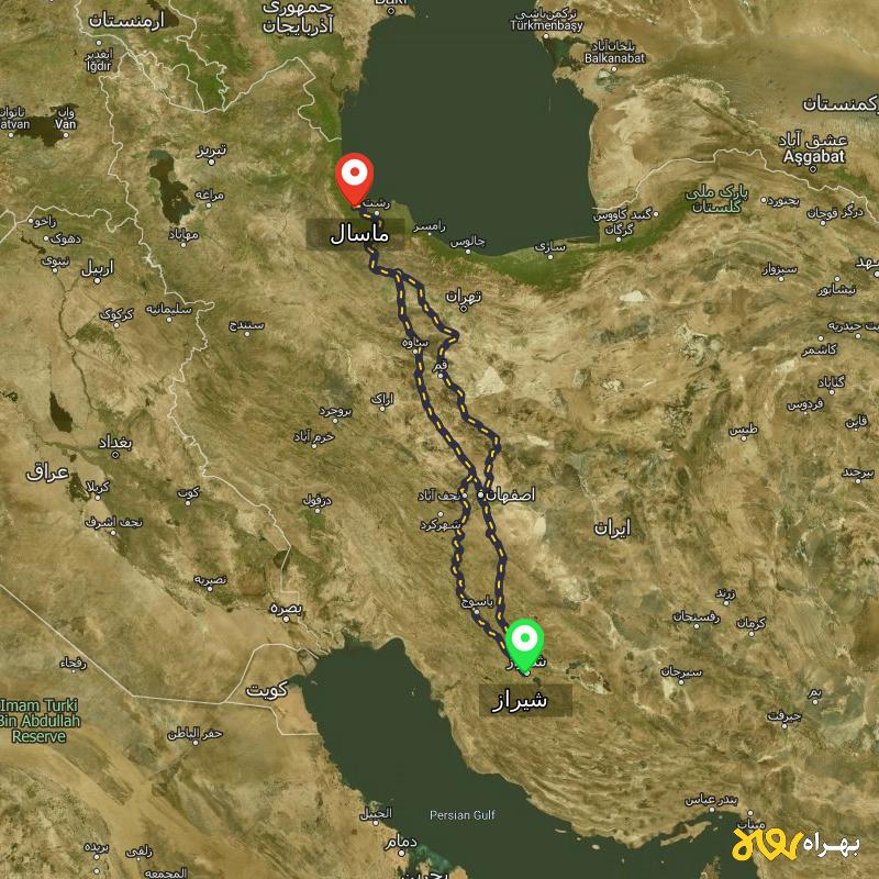 مسافت و فاصله ماسال - گیلان تا شیراز از ۳ مسیر - اردیبهشت ۱۴۰۳