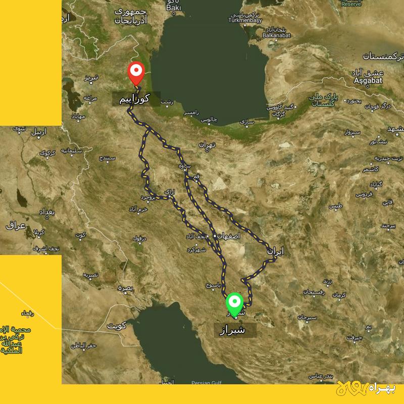 مسافت و فاصله کوراییم - اردبیل تا شیراز از ۳ مسیر - آذر ۱۴۰۳