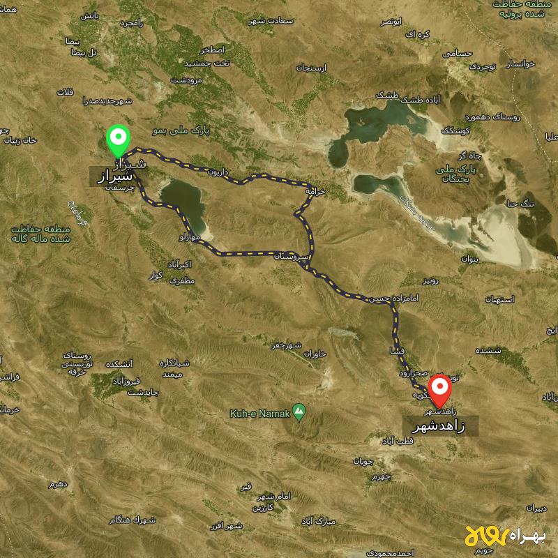 مسافت و فاصله زاهدشهر - فارس تا شیراز از ۲ مسیر - اردیبهشت ۱۴۰۳