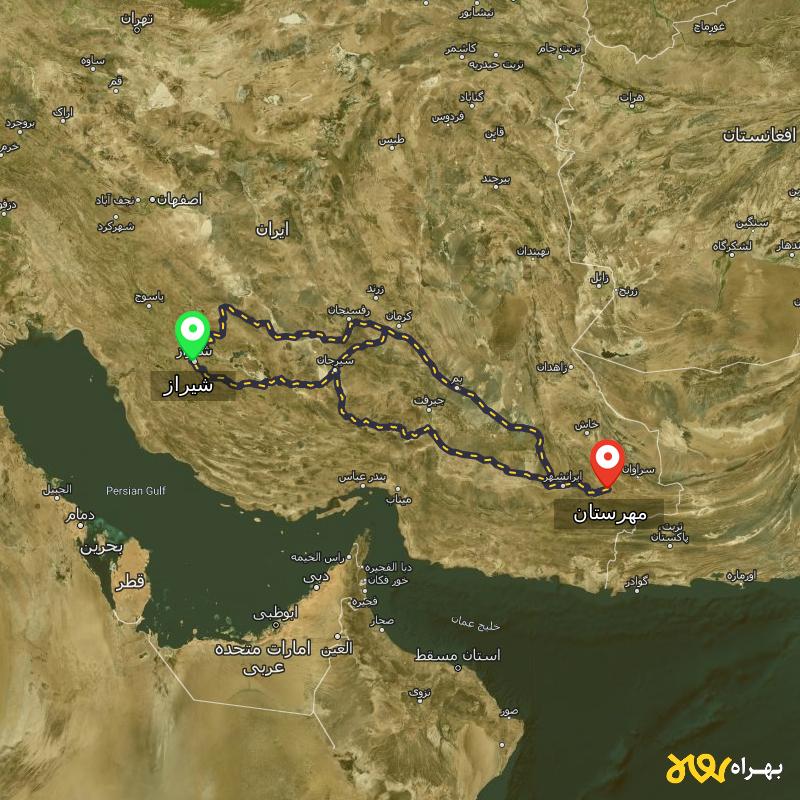 مسافت و فاصله مهرستان - سیستان و بلوچستان تا شیراز از ۳ مسیر - اردیبهشت ۱۴۰۳