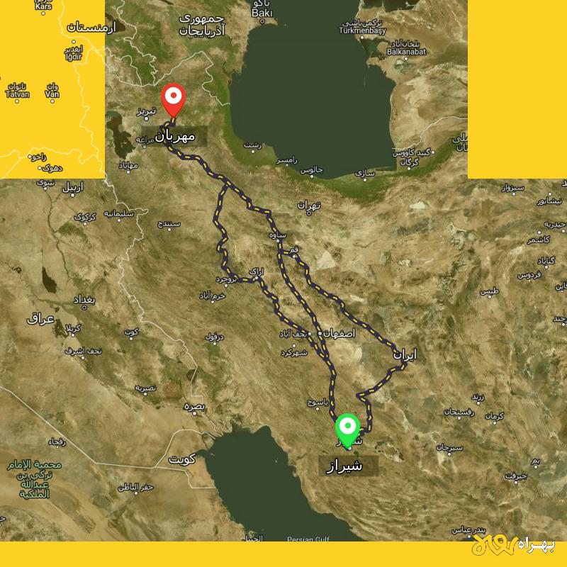 مسافت و فاصله مهربان - آذربایجان شرقی تا شیراز از ۳ مسیر - شهریور ۱۴۰۳