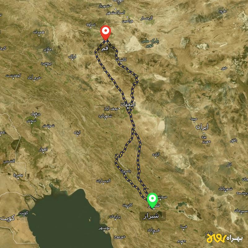 مسافت و فاصله قم تا شیراز از ۳ مسیر - مرداد ۱۴۰۳