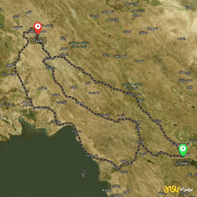 مسافت و فاصله شهر مسجدسلیمان تا شیراز از ۳ مسیر - اردیبهشت ۱۴۰۳