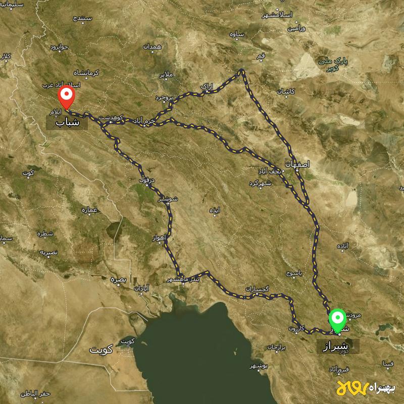مسافت و فاصله شباب - ایلام تا شیراز از ۳ مسیر - آذر ۱۴۰۳