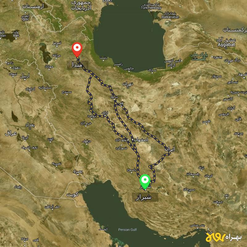 مسافت و فاصله میانه تا شیراز از 3 مسیر - مسیریاب بهراه