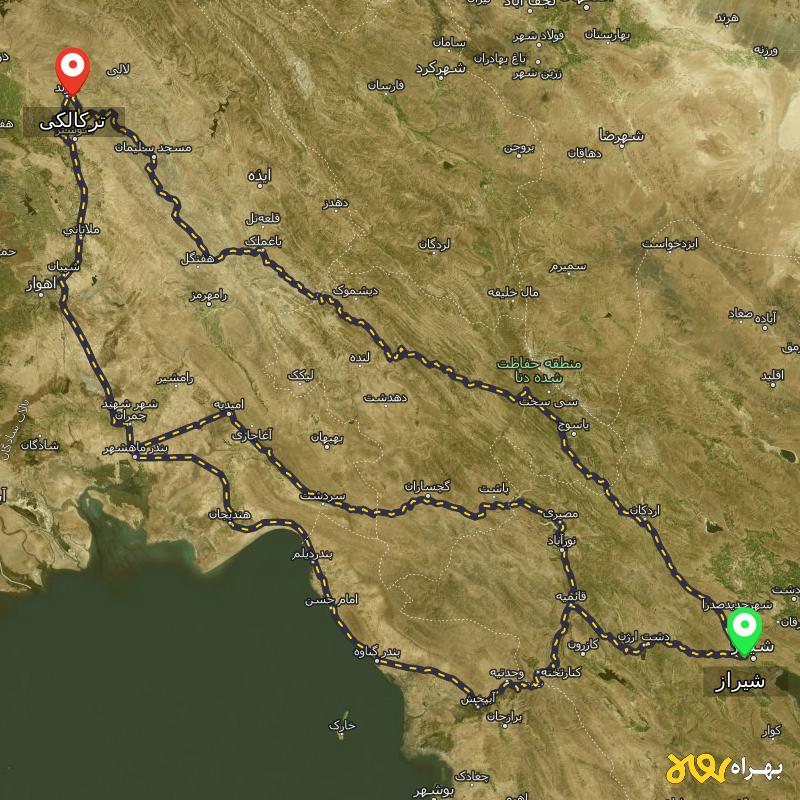 مسافت و فاصله ترکالکی - خوزستان تا شیراز از ۳ مسیر - شهریور ۱۴۰۳