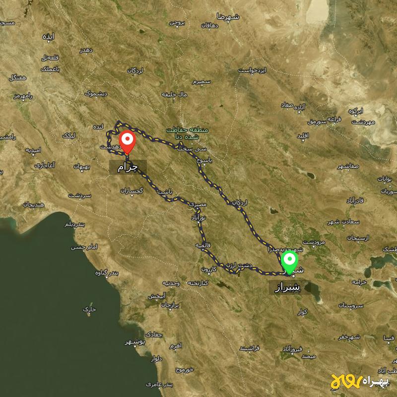 مسافت و فاصله چرام - کهگیلویه و بویر احمد تا شیراز از ۲ مسیر - مرداد ۱۴۰۳