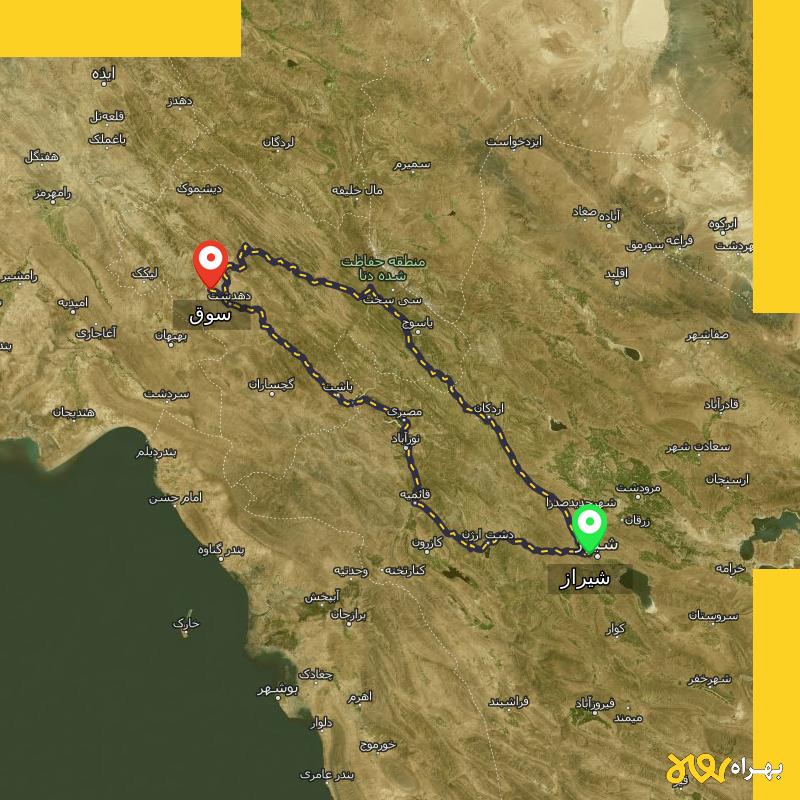 مسافت و فاصله سوق - کهگیلویه و بویر احمد تا شیراز از ۲ مسیر - آبان ۱۴۰۳