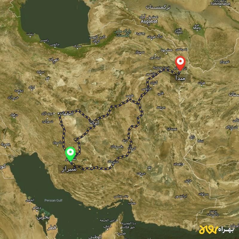 مسافت و فاصله شهر تربت جام تا شیراز از ۳ مسیر - اردیبهشت ۱۴۰۳