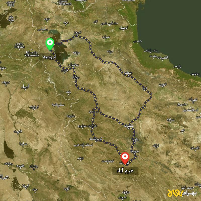 مسافت و فاصله خرم آباد تا ارومیه از ۳ مسیر - اردیبهشت ۱۴۰۳