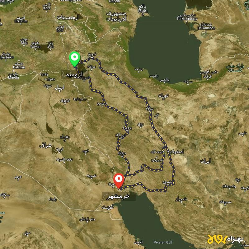 مسافت و فاصله خرمشهر - خوزستان تا ارومیه از ۳ مسیر - اردیبهشت ۱۴۰۳
