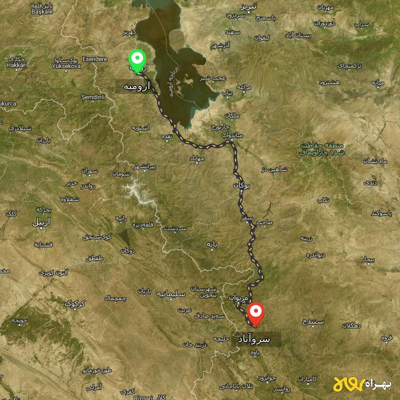 مسافت و فاصله سروآباد - کردستان تا ارومیه - اسفند ۱۴۰۳