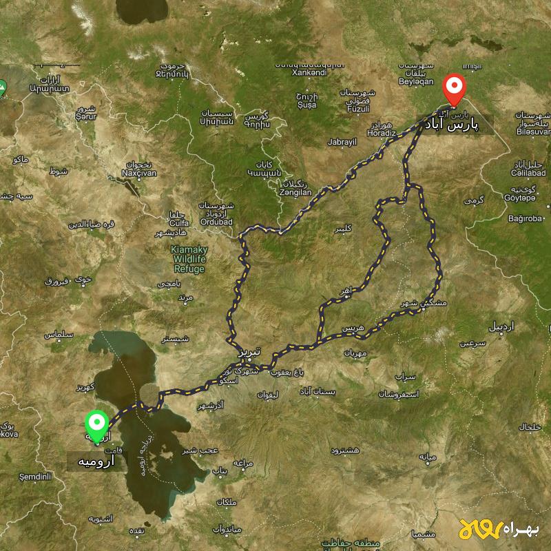 مسافت و فاصله پارس آباد تا ارومیه از ۳ مسیر - اردیبهشت ۱۴۰۳