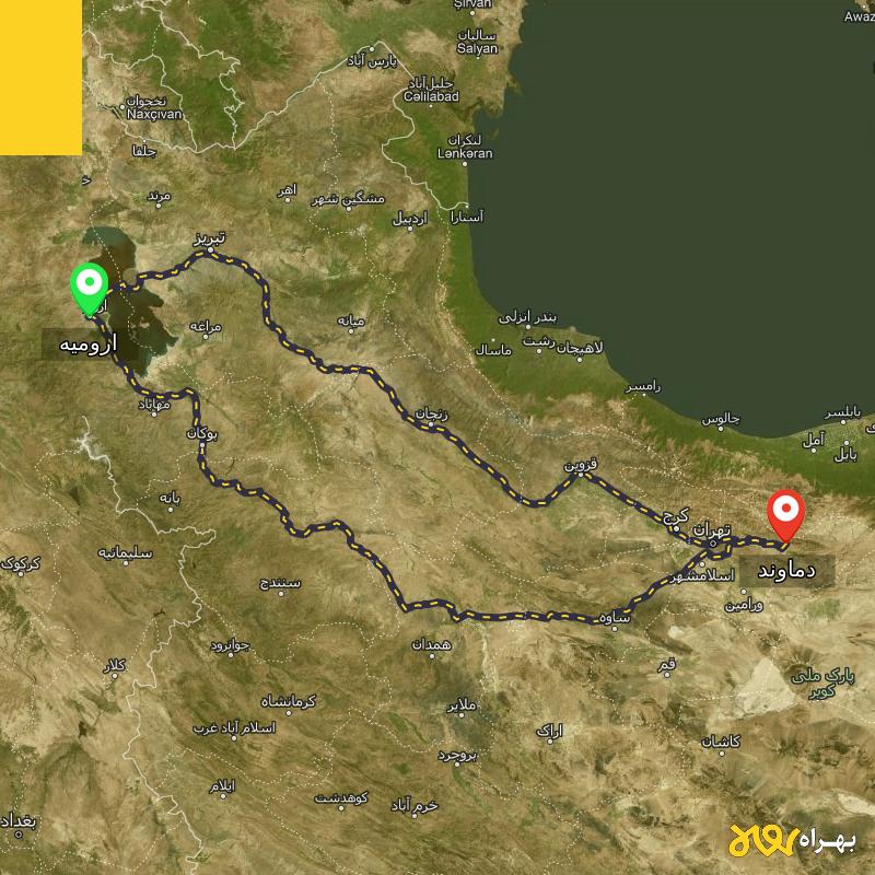 مسافت و فاصله دماوند - تهران تا ارومیه از ۲ مسیر - بهمن ۱۴۰۳