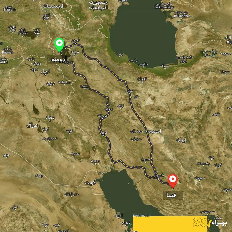 مسافت و فاصله فسا - فارس تا ارومیه از 2 مسیر - مسیریاب بهراه