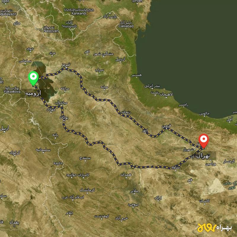 مسافت و فاصله تهران تا ارومیه از 2 مسیر - مسیریاب بهراه