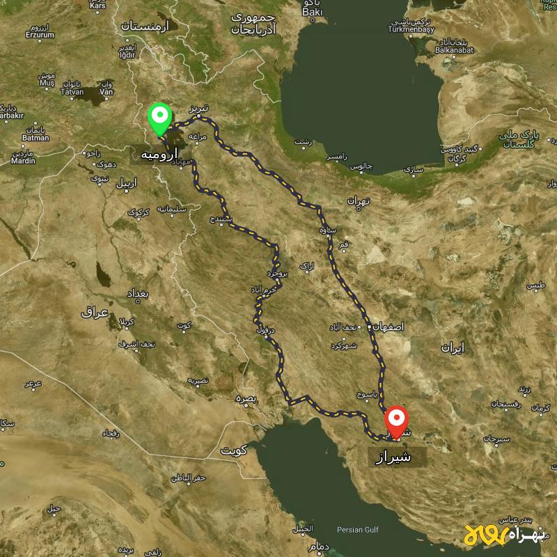 مسافت و فاصله شیراز تا ارومیه از 2 مسیر - مسیریاب بهراه