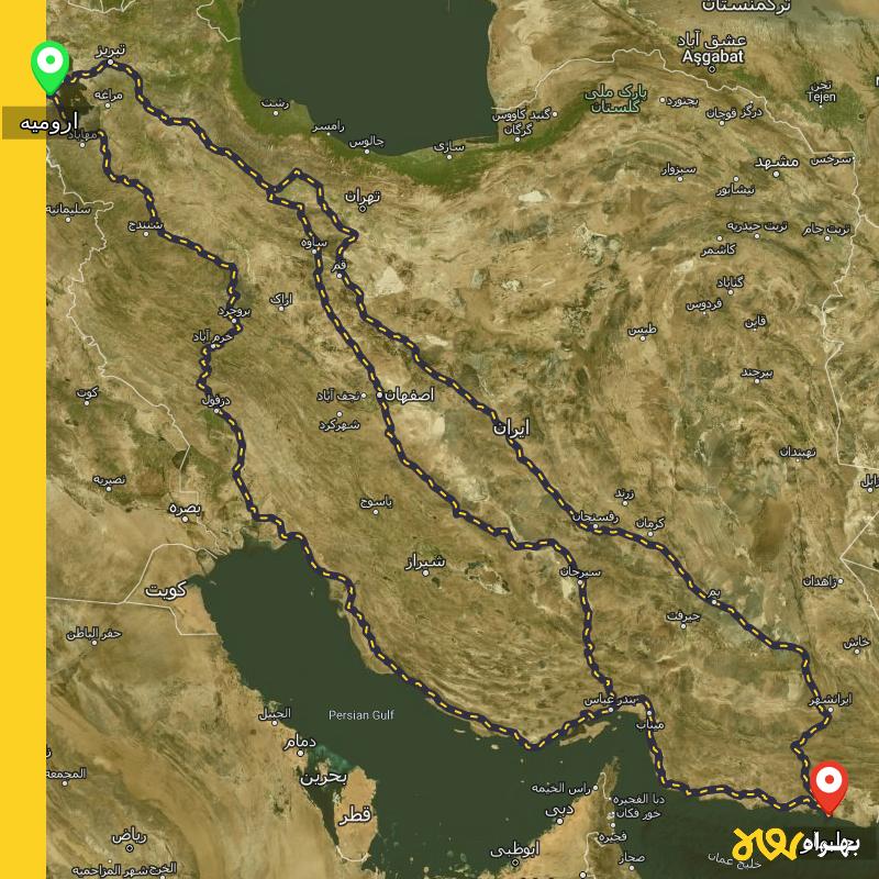 مسافت و فاصله چابهار تا ارومیه از ۳ مسیر - اردیبهشت ۱۴۰۳