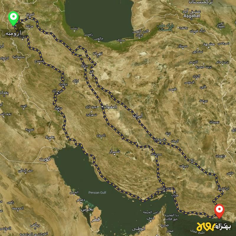 مسافت و فاصله کنارک - سیستان و بلوچستان تا ارومیه از ۳ مسیر - مرداد ۱۴۰۳