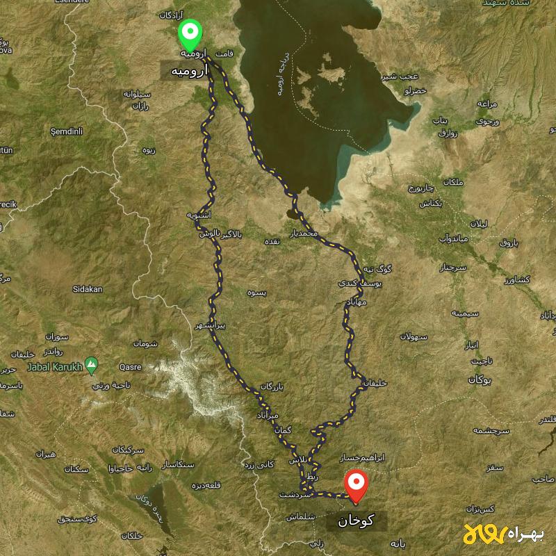 مسافت و فاصله کوخان - کردستان تا ارومیه از ۲ مسیر - مرداد ۱۴۰۳