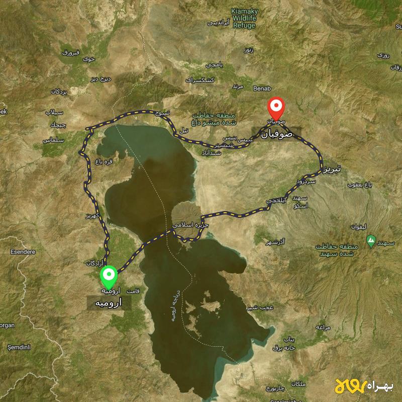 مسافت و فاصله صوفیان - آذربایجان شرقی تا ارومیه از 2 مسیر - مسیریاب بهراه