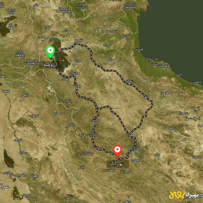 مسافت و فاصله نورآباد - لرستان تا ارومیه از ۳ مسیر - اردیبهشت ۱۴۰۳