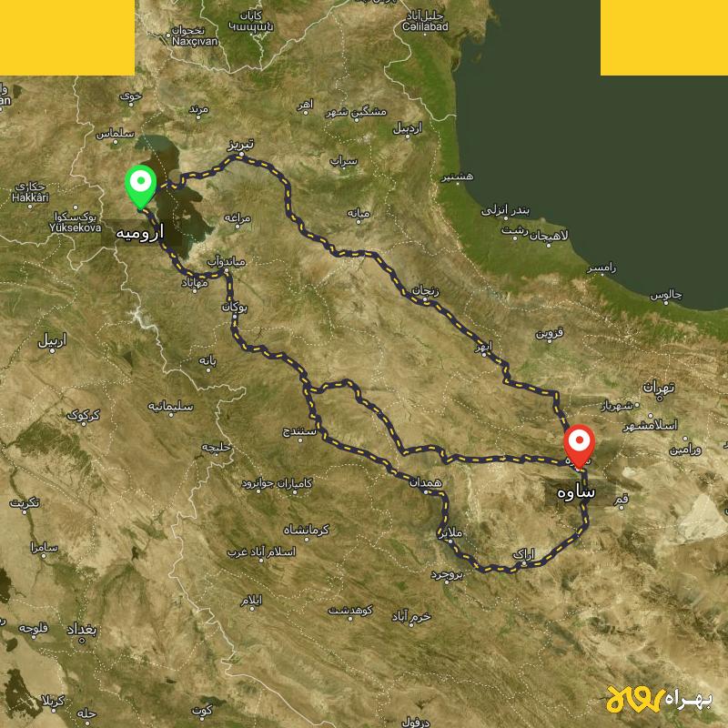 مسافت و فاصله ساوه تا ارومیه از ۳ مسیر - مرداد ۱۴۰۳