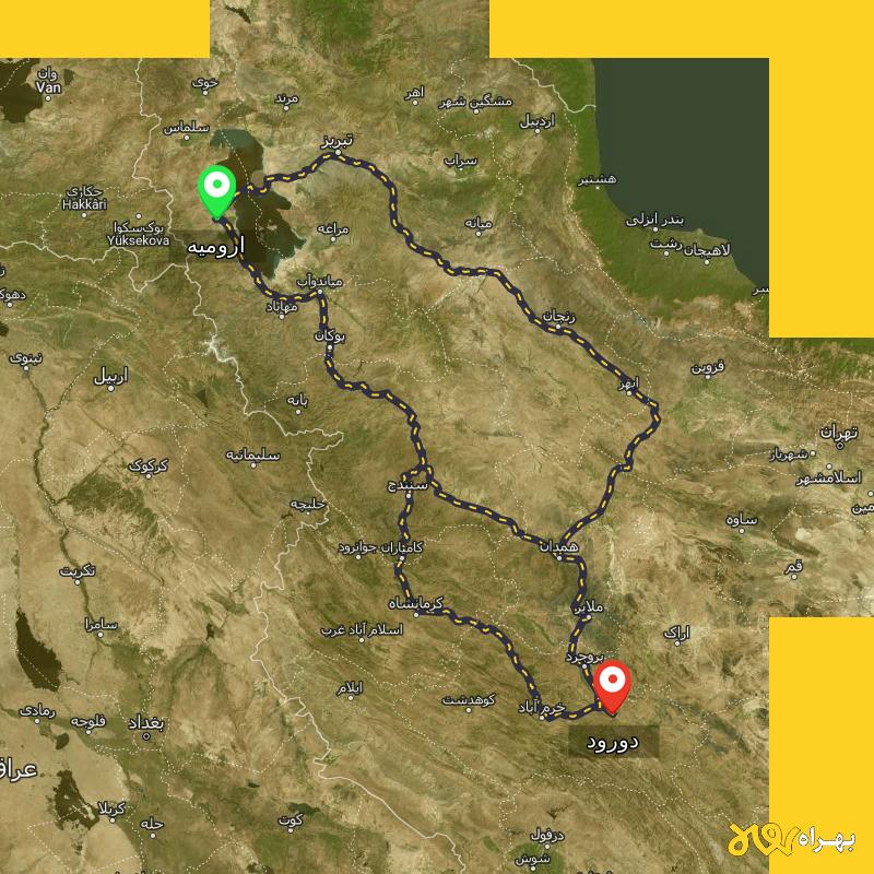 مسافت و فاصله دورود - لرستان تا ارومیه از ۳ مسیر - اردیبهشت ۱۴۰۳