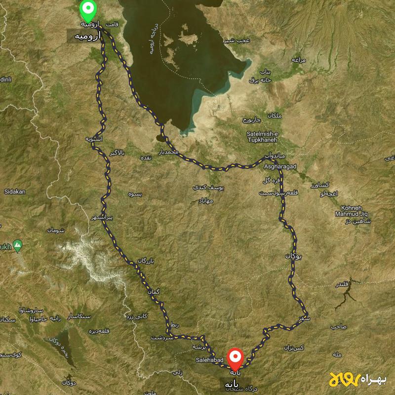 مسافت و فاصله بانه - کردستان تا ارومیه از 2 مسیر - مسیریاب بهراه
