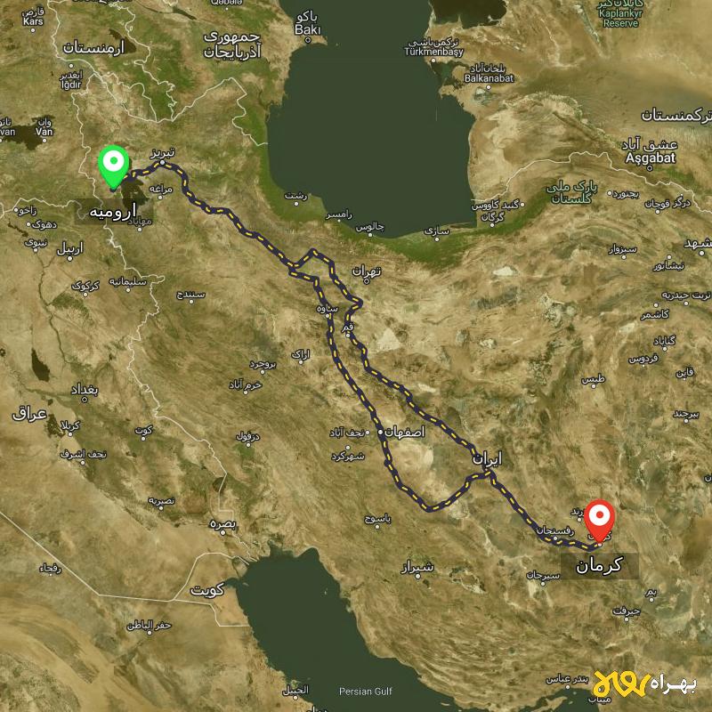 مسافت و فاصله کرمان تا ارومیه از ۲ مسیر - مرداد ۱۴۰۳
