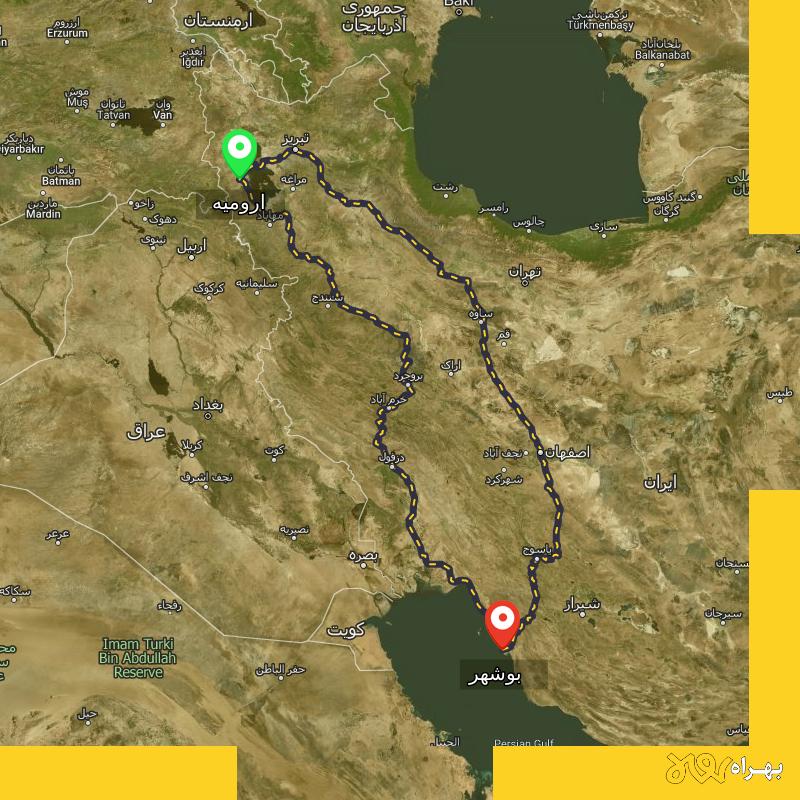 مسافت و فاصله بوشهر تا ارومیه از ۲ مسیر - آبان ۱۴۰۳