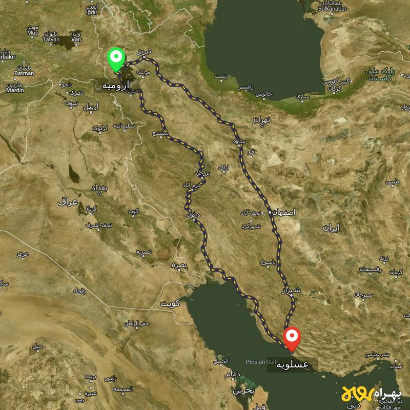 مسافت و فاصله عسلویه - بوشهر تا ارومیه از 2 مسیر - مسیریاب بهراه