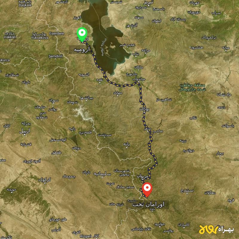 مسافت و فاصله اورامان تخت - کردستان تا ارومیه - آذر ۱۴۰۳