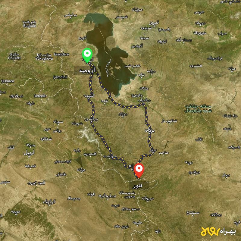مسافت و فاصله ننور - کردستان تا ارومیه از ۲ مسیر - مهر ۱۴۰۳