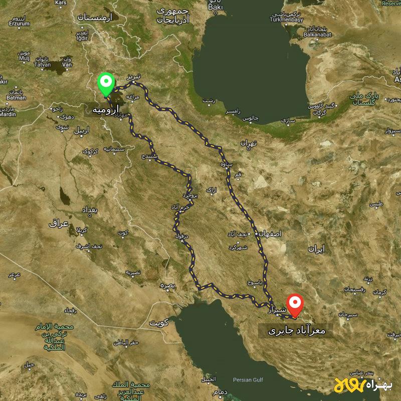 مسافت و فاصله معزآباد جابری - فارس تا ارومیه از ۲ مسیر - مهر ۱۴۰۳