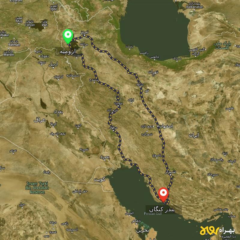 مسافت و فاصله بندر کنگان - بوشهر تا ارومیه از ۲ مسیر - بهمن ۱۴۰۳
