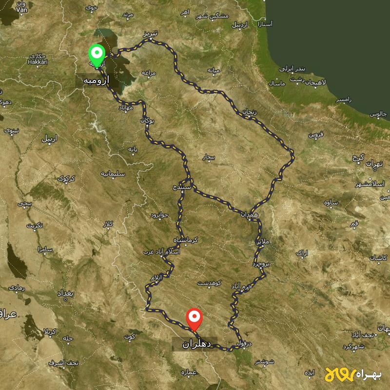 مسافت و فاصله دهلران - ایلام تا ارومیه از ۳ مسیر - آذر ۱۴۰۳
