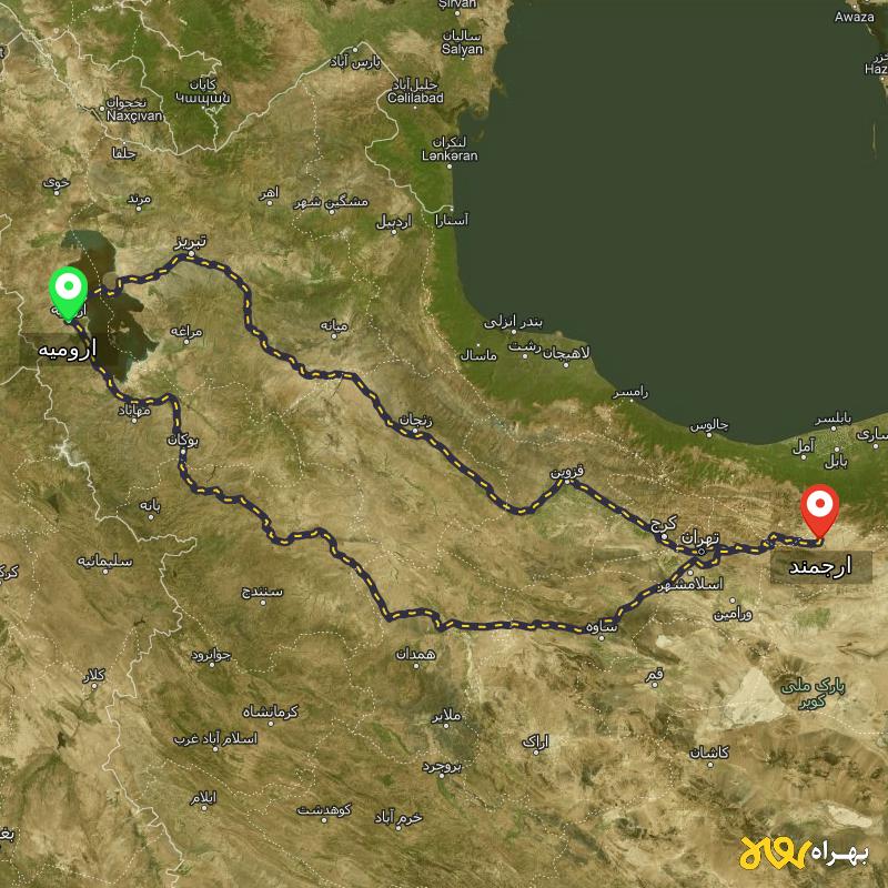مسافت و فاصله ارجمند - تهران تا ارومیه از ۲ مسیر - مرداد ۱۴۰۳