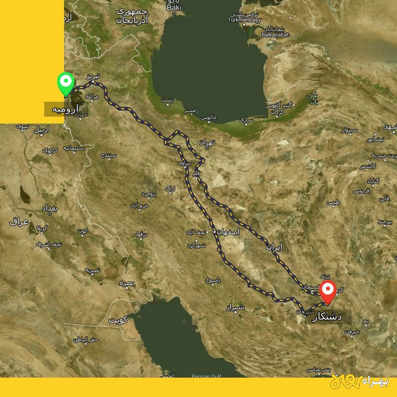 مسافت و فاصله دشتکار - کرمان تا ارومیه از ۲ مسیر - شهریور ۱۴۰۳