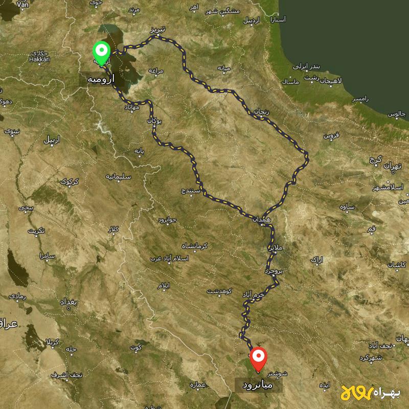 مسافت و فاصله میانرود - خوزستان تا ارومیه از ۲ مسیر - مهر ۱۴۰۳