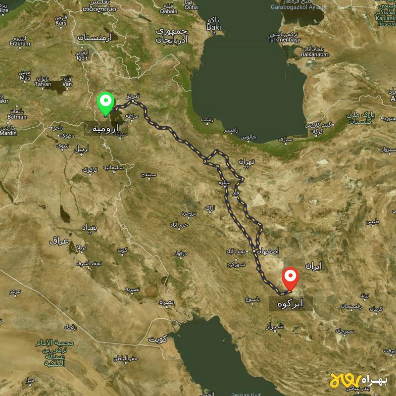 مسافت و فاصله ابرکوه - یزد تا ارومیه از ۲ مسیر - مرداد ۱۴۰۳