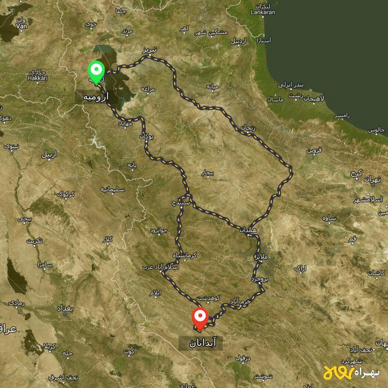 مسافت و فاصله آبدانان - ایلام تا ارومیه از ۳ مسیر - دی ۱۴۰۳