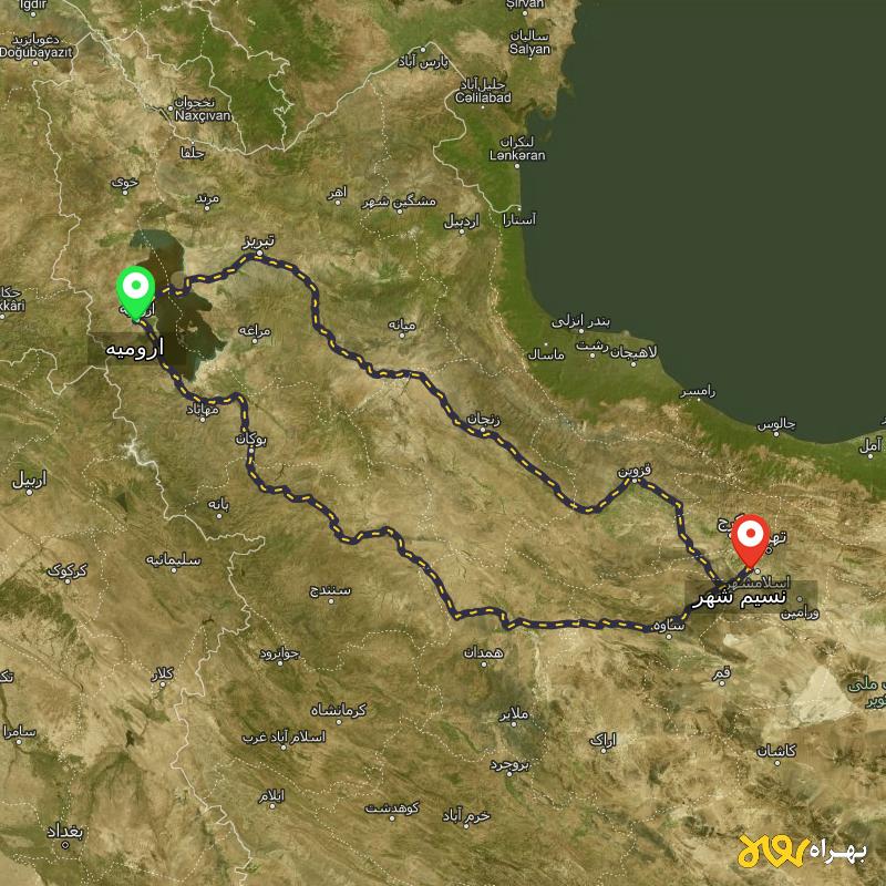مسافت و فاصله نسیم شهر - تهران تا ارومیه از ۲ مسیر - مرداد ۱۴۰۳