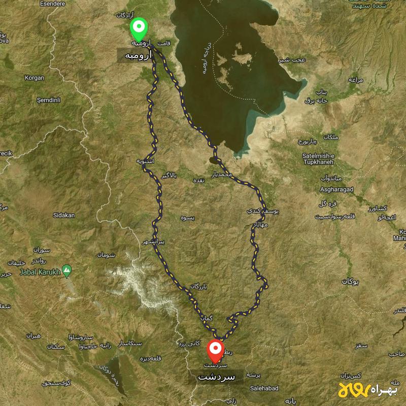 مسافت و فاصله سردشت - آذربایجان غربی تا ارومیه از 2 مسیر - مسیریاب بهراه