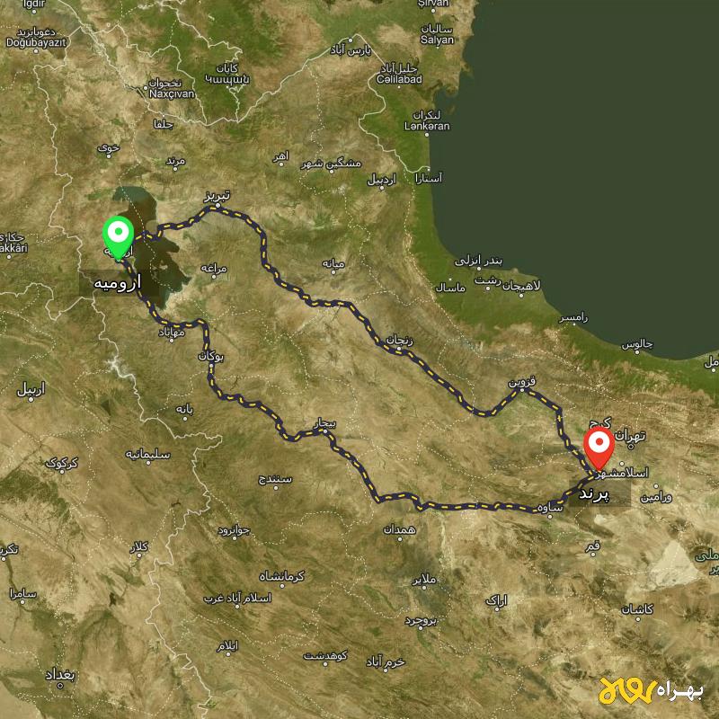 مسافت و فاصله پرند تا ارومیه از ۲ مسیر - مرداد ۱۴۰۳