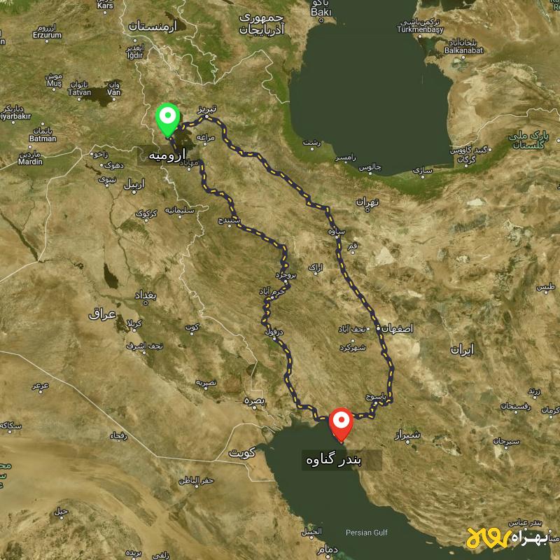 مسافت و فاصله بندر گناوه - بوشهر تا ارومیه از 2 مسیر - مسیریاب بهراه