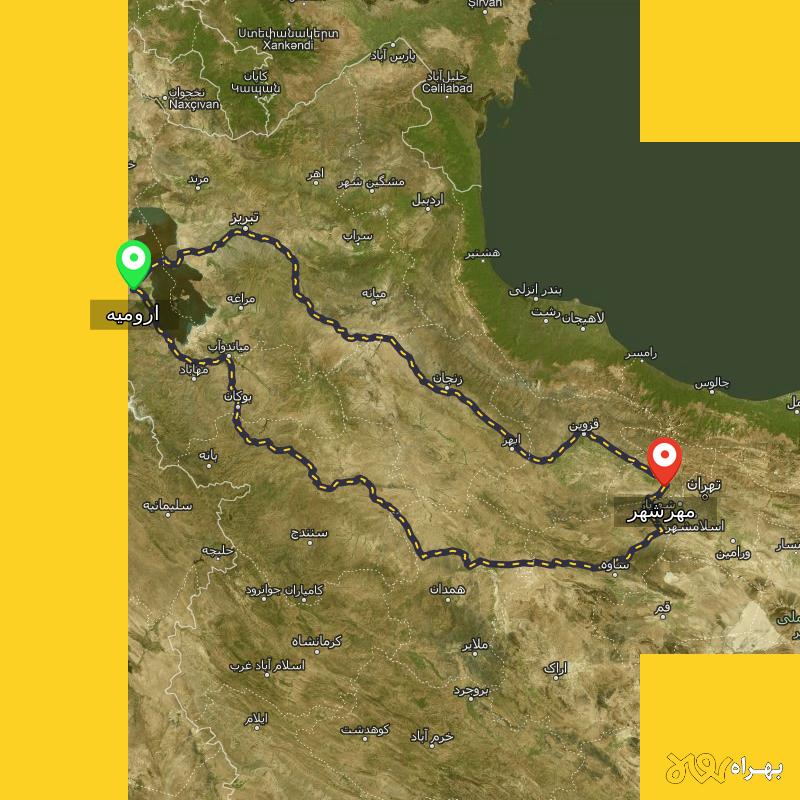مسافت و فاصله مهرشهر - کرج تا ارومیه از ۲ مسیر - اردیبهشت ۱۴۰۳