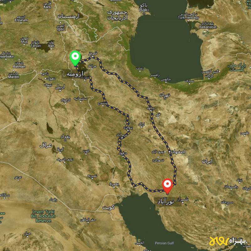 مسافت و فاصله نورآباد - نورآباد ممسنی تا ارومیه از ۲ مسیر - اردیبهشت ۱۴۰۳