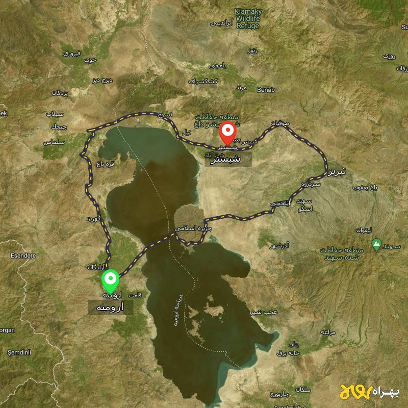 مسافت و فاصله شبستر - آذربایجان شرقی تا ارومیه از 2 مسیر - مسیریاب بهراه