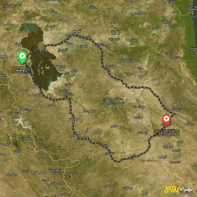 مسافت و فاصله زرین آباد - زنجان تا ارومیه از ۲ مسیر - آذر ۱۴۰۳